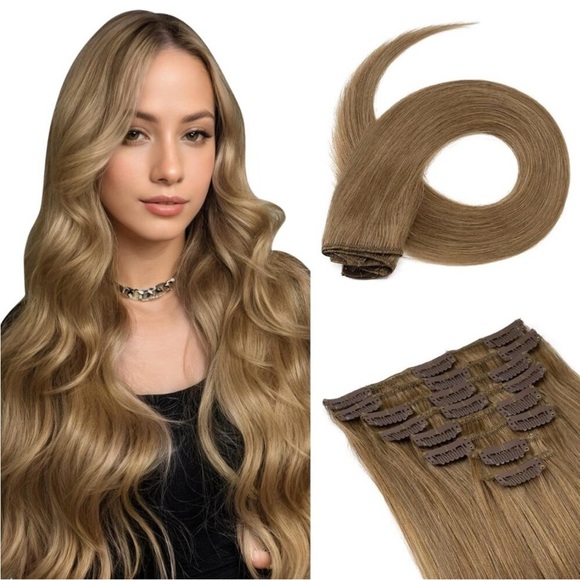 Human Hair Clip in Extensions Balayage Golden Brown Mix Bleach Blonde Highlight